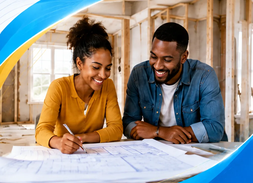 A couple reviewing renovation plans in a home being remodeled