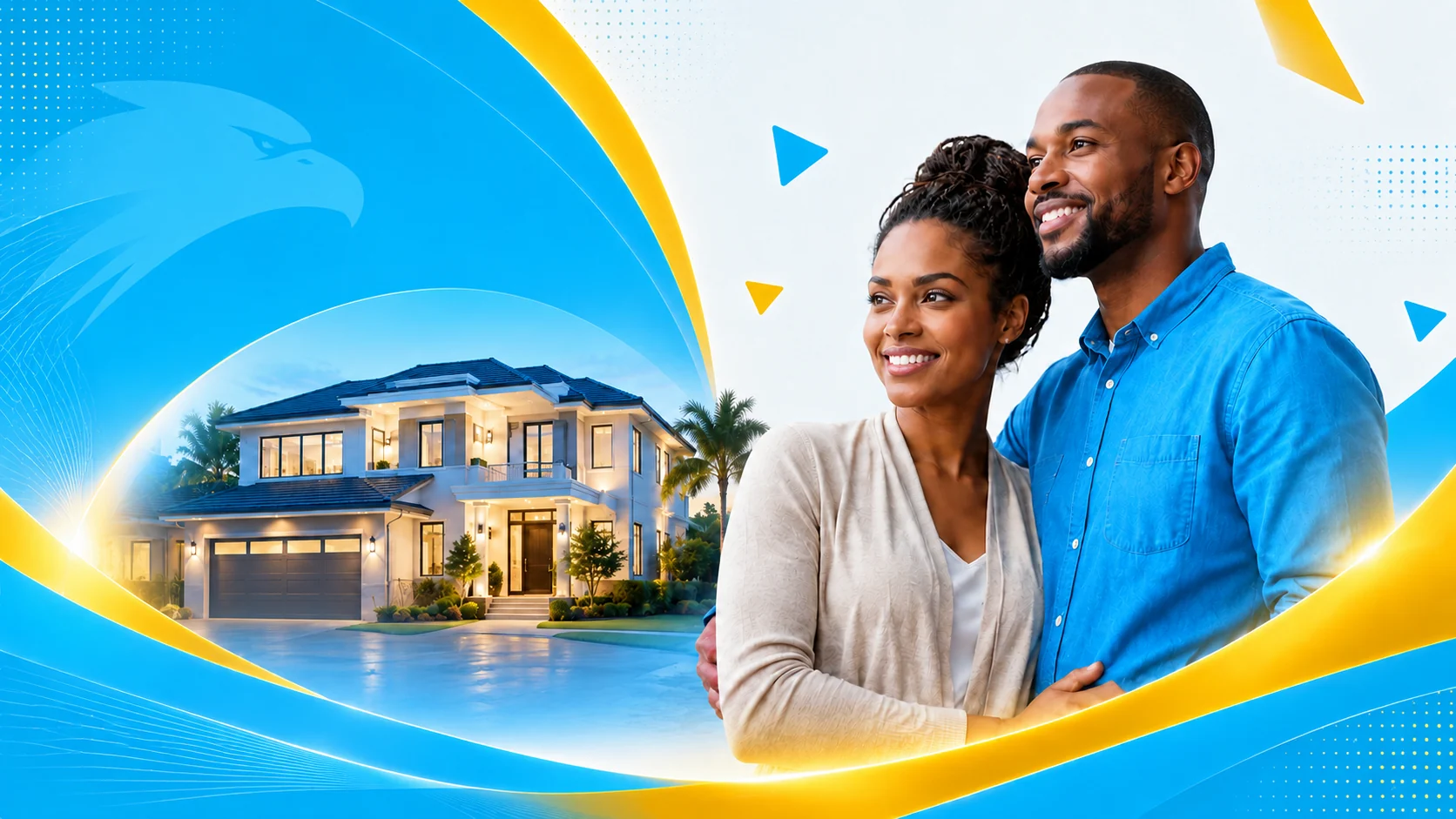 Happy couple outside their new home, with an Eagles Funding Group branded design